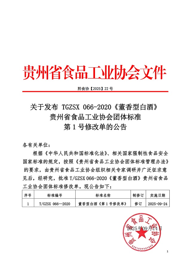 66   黔食协【2025】22号关于发布《董香型白酒》团标修改单的公告_1.jpg